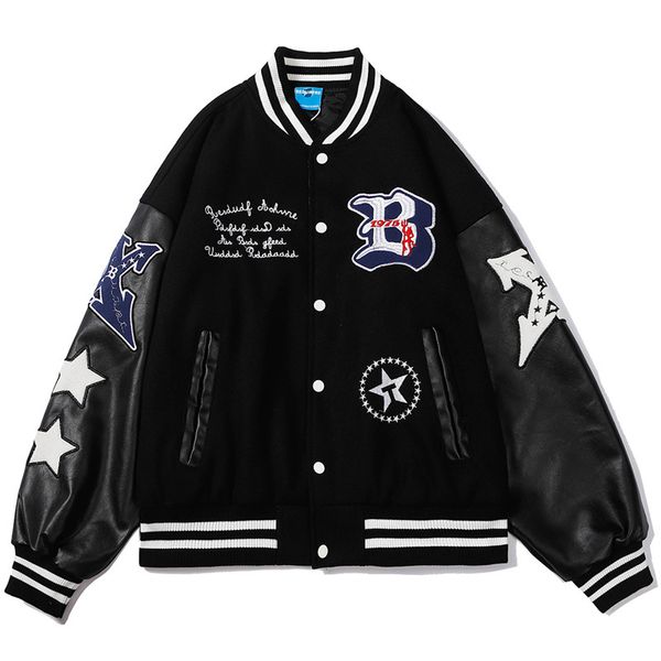 Chaquetas para hombres 2023 Hip Hop Chaqueta de béisbol Abrigo Hombres Letra B Bordado Manga de cuero Varsity Bomber Biker Punk Vintage Fashion College 230202