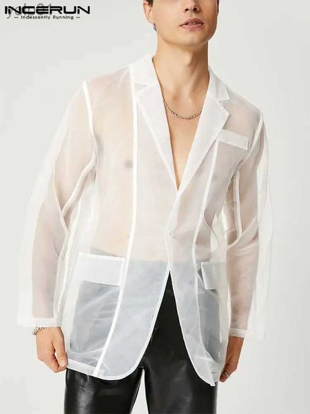 Chaquetas para hombres 2023 Hombres Blazers de malla Transparente Solapa Streetwear Long Sle Sexy Abrigos casuales Moda Un botón Partido Hombres Traje S-5XLL231115