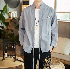 Herenjacks 2023 mannen open stitch print herfst grijze heren losse vintage Chinese stijl mannelijke mode kleding extra groot