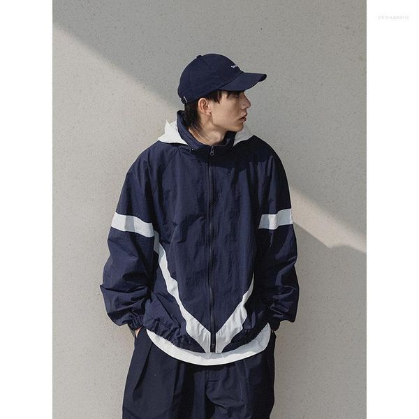 Vestes pour hommes 2023 hommes Patchwork manteaux à capuche mode Hit couleur Streetwear Vintage coupe-vent japonais décontracté Bomber