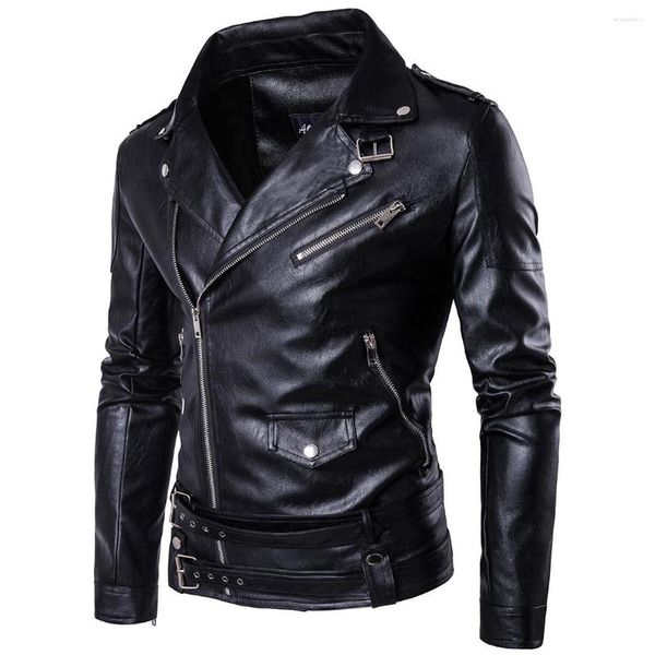 Vestes pour hommes 2023 hommes en cuir PU classique Slim Fit motard pilote manteaux avec ceinture col rabattu fermeture éclair noir rue vêtements