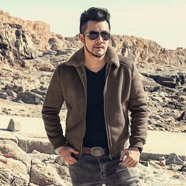 Chaquetas para hombre 2023, ropa de invierno para hombre de mediana edad, chaqueta de lana de cordero, prendas de vestir exteriores para hombre, bonito abrigo de piel marrón con cuello de motorista de negocios, abrigo cálido para hombre