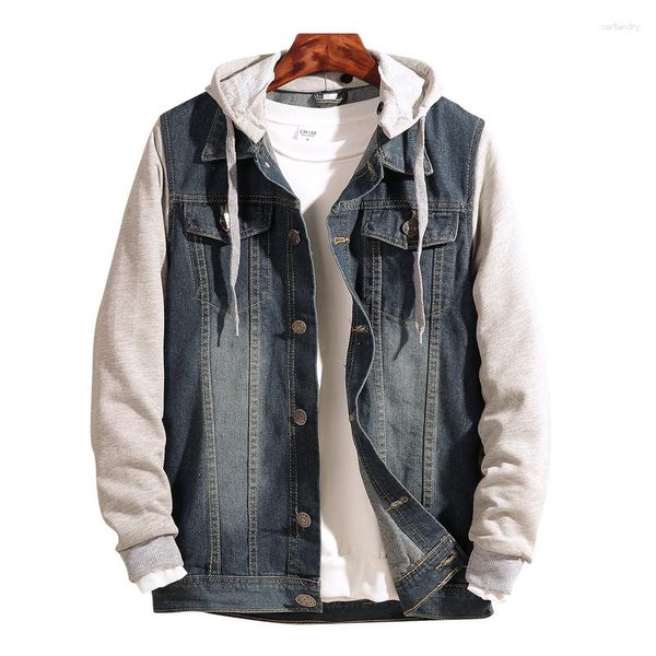 Vestes pour hommes 2023 Plus Size Hooded Denim Jacket Loose Everyday Coat Contrast Color Casual Trendy Jeans