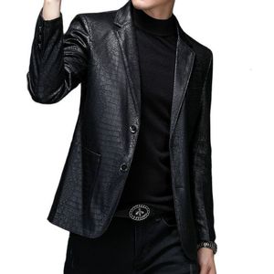 Heren Jackets 2023 Leer Autumn Vintage Soft Faux Leather Male Classic Slim Fit Pattern Suit Black Blazers Coats 230812