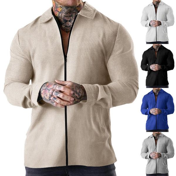 Chaquetas de hombre 2023 verano abrigo para hombre Waffle cremallera sólida chaqueta de manga larga Casual Polo Cardigan