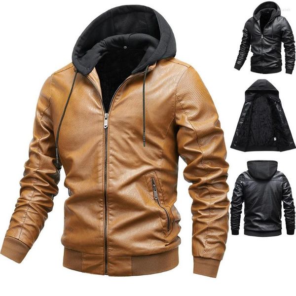 Vestes pour hommes 2023 Col montant d'hiver PU Veste en cuir Manteau Zipper Casual Poche cousue latérale à capuche