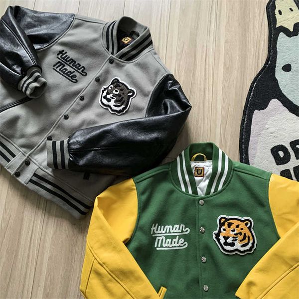 Chaquetas de los hombres 2023 Winter Tiger Head HUMAN MADE Chaquetas de béisbol Hombres Mujeres Streetwear Bomber Chaqueta de cuero con bordado de manga J230821