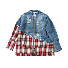 Herenjassen 2023ss GL Hole Denim Plaid Patchwork Casual Jas Warm Windjack Y2k Streetwear Techwear Jas Kleding Kleding