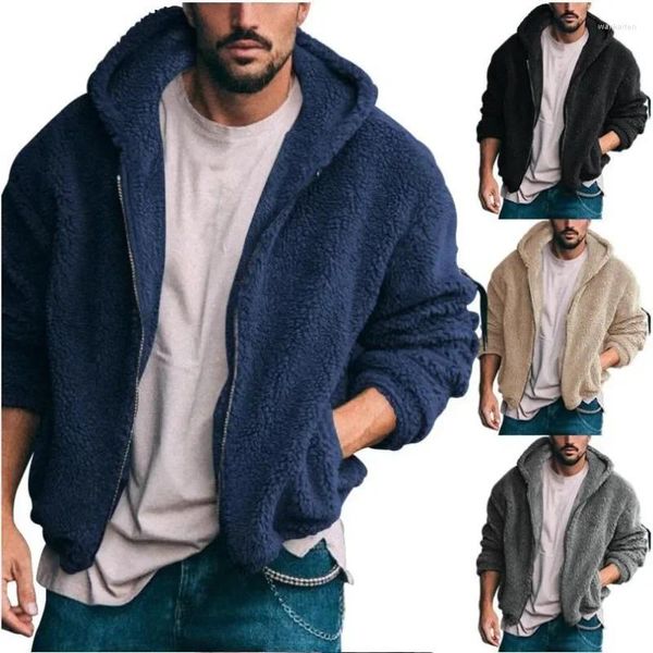 Chaquetas para hombres 2024 Chaqueta de otoño / invierno Abrigo de cremallera casual sólido con capucha de terciopelo ártico de doble cara