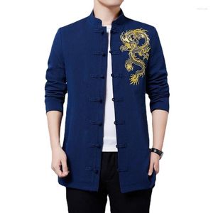 Vestes pour hommes 2024 Style chinois Veste longue Noir / Bleu Mode Hommes Casual Col debout Brodé Trench Coat