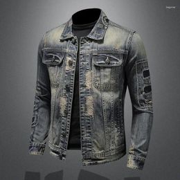 Chaquetas para hombres 2024 Chaqueta de mezclilla Retro Tendencia suelta Casual Guapo Streetwear High Street Fashion Hole Slim Solapa