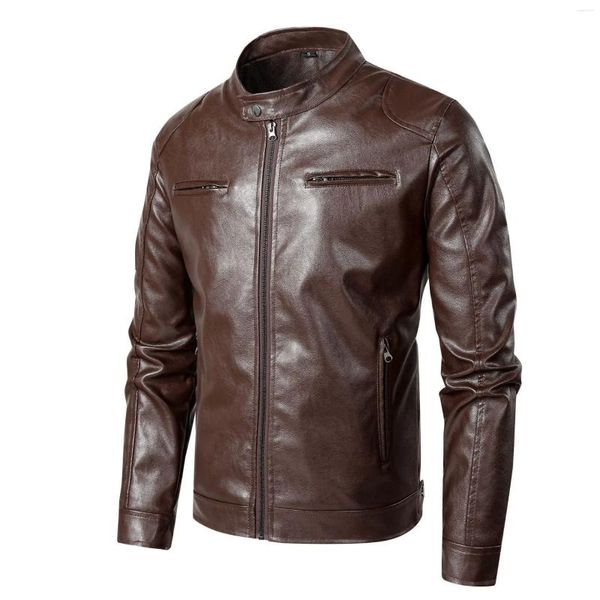 Giubbotti da uomo 2024 Giacca in pelle moda Slim Fit Colletto alla coreana Cappotto in PU Maschile Antivento Moto Risvolto Cerniera diagonale Capispalla