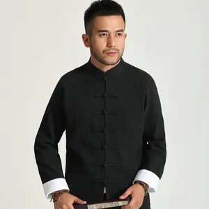 Vestes pour hommes 2024 Printemps Hommes Relax Lin Manteau Bleu Marine Gris Noir Col Mandarin Blanc Cuff Design Tangzhuang Tenues Zen Vêtements