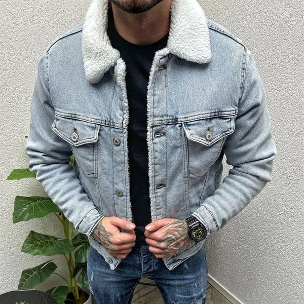 Chaquetas para hombres 2024 Estilo Solapa Collar Lana Outwear Hombres Ropa Moto Masculino Slim Jeans Chaqueta Moda Invierno Manga larga Sólido Denim