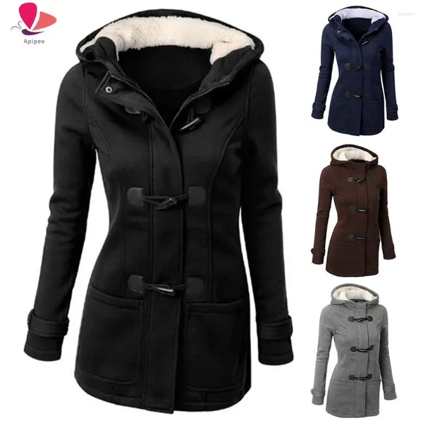 Chaquetas para hombres 2024 Moda de invierno Mujeres Color sólido Cuerno Hebilla con capucha Abrigo de manga larga Otoño y mujer Abrigo