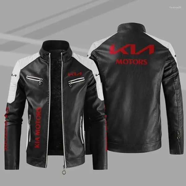 Chaquetas para hombres 2024 Invierno KIA Logo Chaqueta Moda Motocicleta Cremallera Cuero cálido