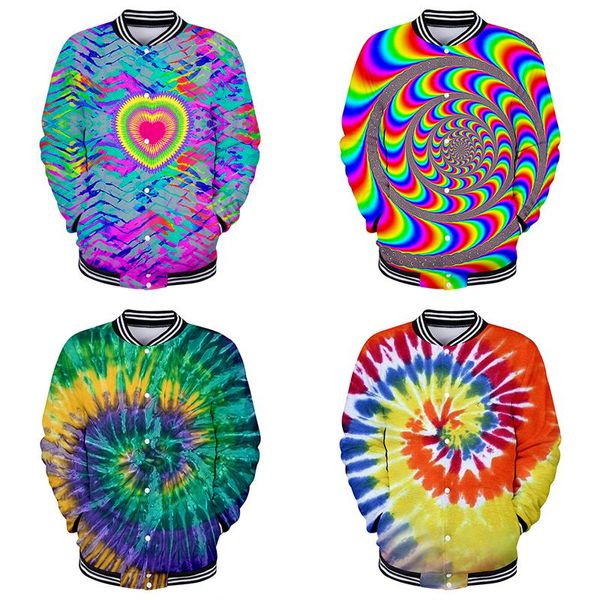 Chaquetas para hombres Chaqueta de béisbol 3D Abrigo Tie-Dye Traje colorido Moda Hombres Mujeres Sudadera con capucha Sudaderas Manga larga Hip Hop Sudaderas con capucha TopMen's