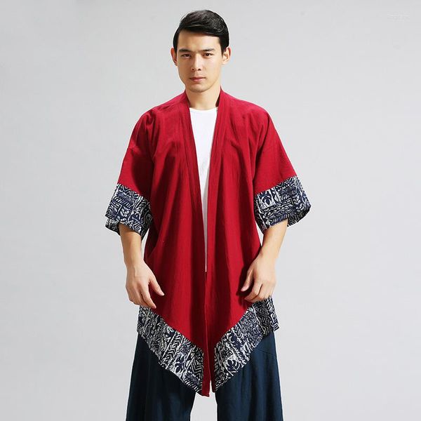 Vestes pour hommes # 4202 Rouge Noir Kimono Veste Hommes Harajuku Streetwear Traditionnel Chinois Mâle Casual Lin Asymétrique Manteau Point Ouvert