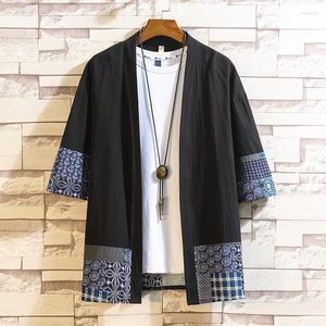 Herrenjacken # 4218 Schwarz Khaki Vintage Jacke Männer Baumwolle Leinen Hanfu Mantel Dünne Lose Sommer Kimono Oberbekleidung Mäntel Kurzarm Gespleißt