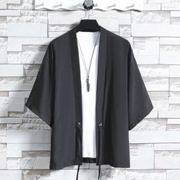 Heren Jassen #4274 Zomer Zonnebrandcrème Jas Mannen Zwart Wit Blauw Bovenkleding Vintage Kimono Driekwart Mouw Hip Hop vest