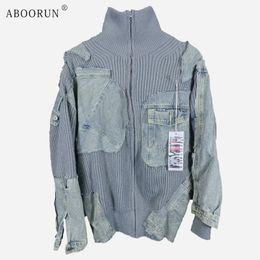 Vestes pour hommes Aboorun Fashion Denim Patches tricotées à col roulé à col roulé