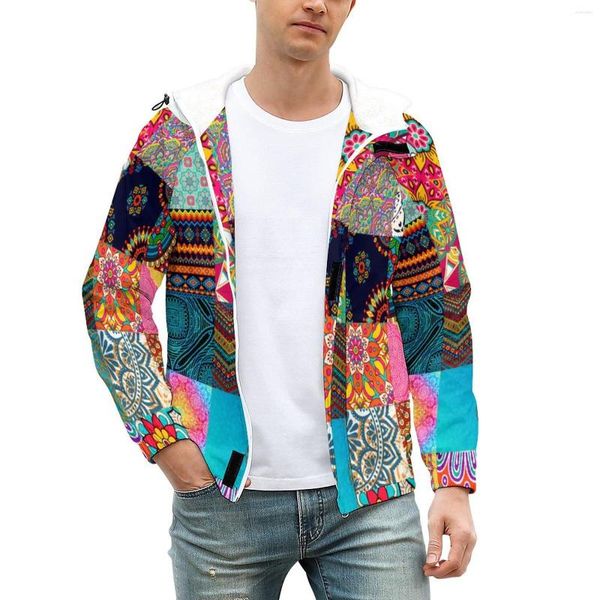 Chaquetas para hombres Estampado africano Hombre Patchwork Colorido Grueso Abrigos de invierno Calle Impermeable Casual Cortavientos Gráfico Ropa exterior Chaqueta