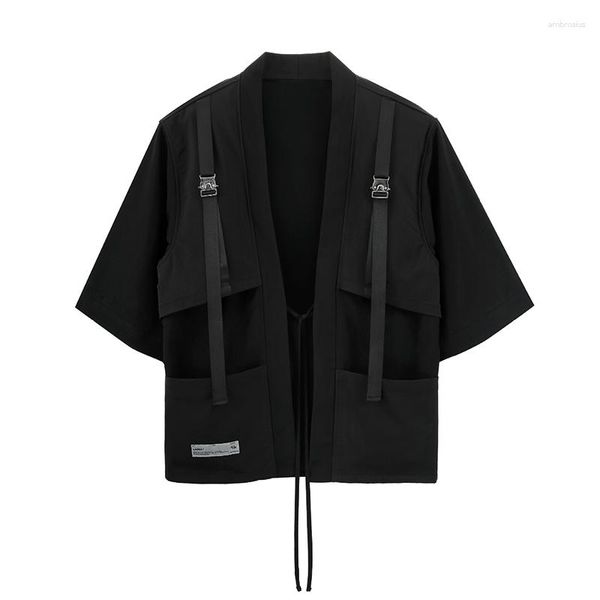 Chaquetas de hombre Amekaji Japón estilo hombres Kimono chaqueta con cintas 2023 T/R Material soporte cuello suelto japonés Haori negro/gris