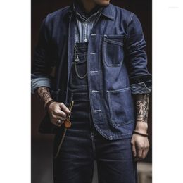 Vestes pour hommes Amekaji Vintage veste en jean hommes revers multi-poches rayé vêtements de travail outillage printemps automne couleur primaire manteau