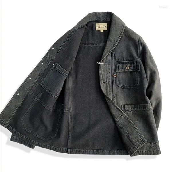 Jackets para hombres Amekaji ropa Men Hombres Collar verde Teñido Vulcanizado Black Denim Cargo Chaqueta Traje de chaqueta Americana Retro Washed