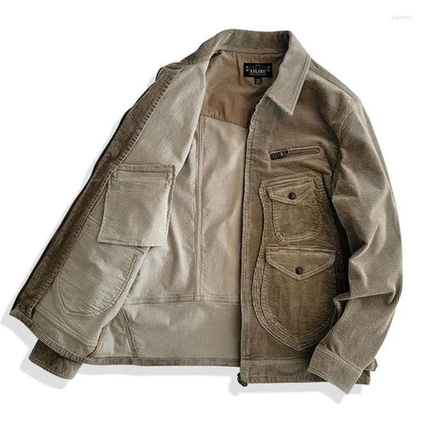 Chaquetas para hombres Amekaji Wear Ropa Hombres Khaki Corduroy Multi-Bolsillo Ropa de trabajo Chaqueta Abrigo Estilo japonés Retro Casual