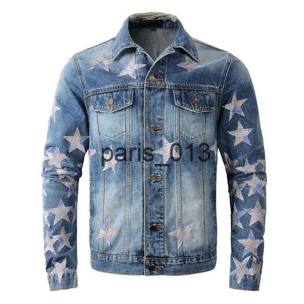 Chaquetas para hombres American High Street Amiryes Denim Hole Coat Slim Pocket Button Up Collar Punk Style Biker Jacket Hombres x0913 x0913