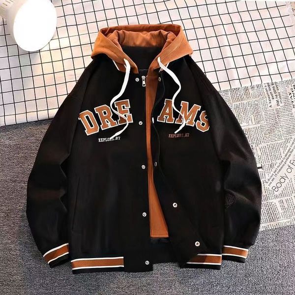 Vestes pour hommes American Hiphop Baseball Suit Fake Twopiece Fashion Sweat à capuche polyvalent Même manteau thermique en velours pour hommes et femmes 230531