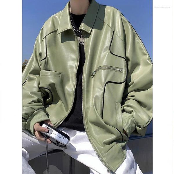 Vestes pour hommes American Retro Moto Veste en cuir Homme Pilote Y2K Street Fashion Punk Lâche Revers Casual PU Manteau