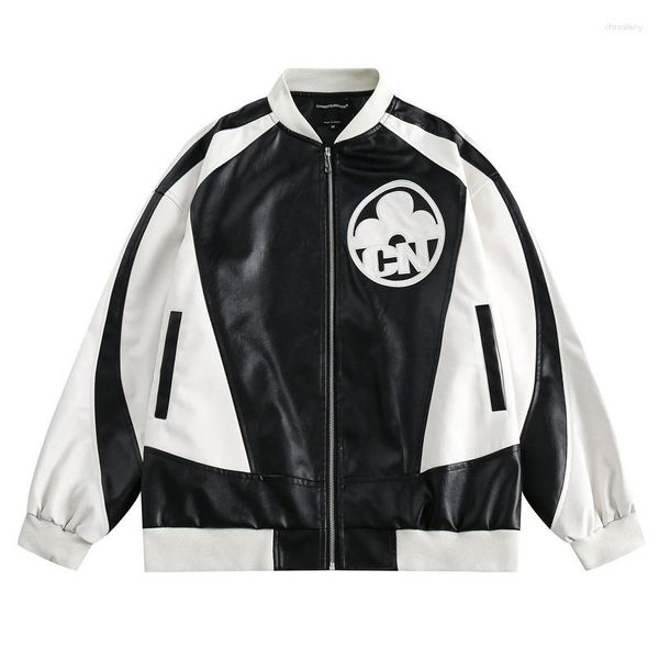 Chaquetas de hombre, chaqueta de cuero de PU de retazos Retro americano, abrigo ajustado de moda informal negro, camisetas universitarias de Hip-hop Harajuku para parejas