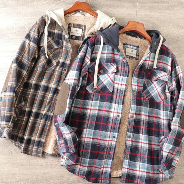 Chaquetas para hombres Estilo americano Invierno Franela Sudadera con capucha Camisa a cuadros Abrigos Casual Botón Abajo Cálido Forro polar grueso Ourwear Chaqueta Hombre