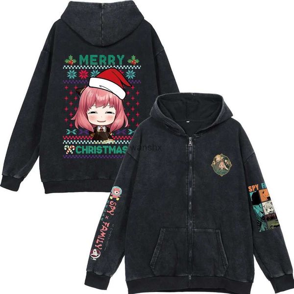 Chaquetas para hombres Anime Spy x Family Zip Up Sudaderas con capucha Hombres Mujeres Kawaii Anya Navidad Cremallera Sudaderas 100% algodón Casual Vintage Black Coat TopsL240115