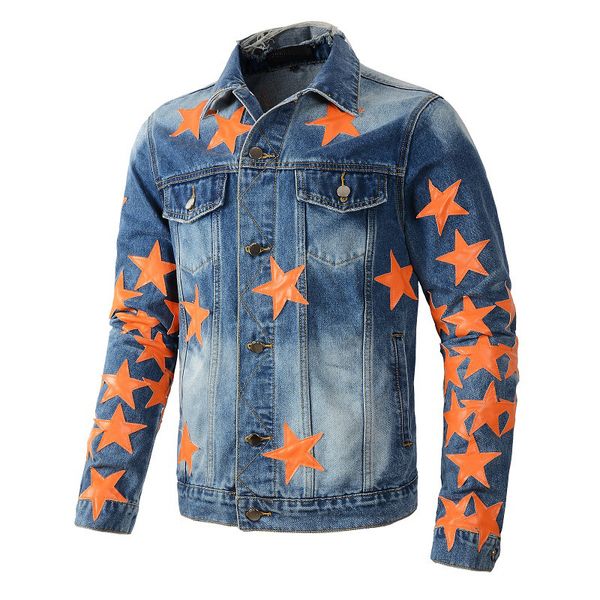 Chaquetas para hombres Autume Chaqueta desgastada de invierno para hombres Parches de estrellas de cuero de color naranja Chaquetas de mezclilla con botones delgados ragulares rasgados para hombres x0913 x0913 x0916