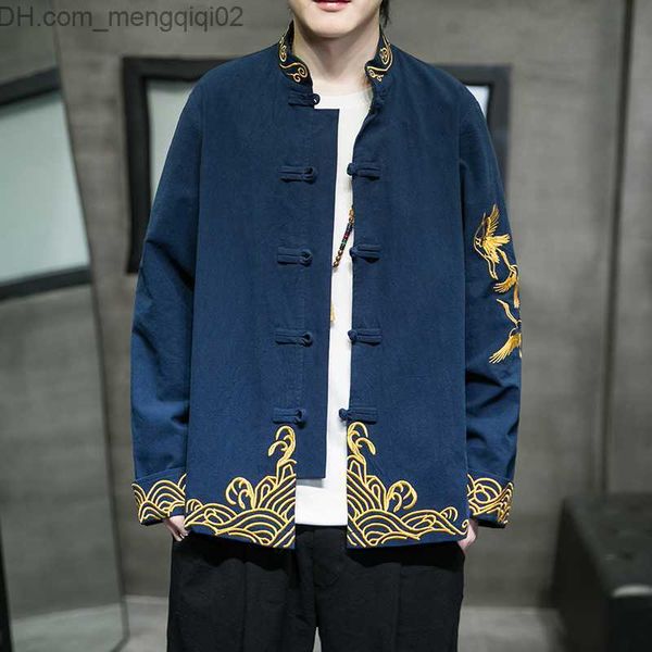 Jackets para hombres de otoño e invierno de lino de algodón para hombres chinos bordado de contraste juego de color de contraste de dos piezas pantalones sueltos z230816
