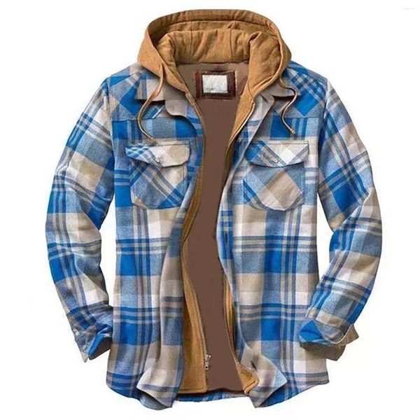 Chaquetas De Hombre Otoño E Invierno Moda Casual A Cuadros Cuadrado Solapa Bolsillo Con Capucha Ropa Para Hombre Abrigo De Lana Chaqueta De Plumas Ligera