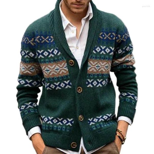 Chaquetas para hombres Otoño e invierno Suéter para hombre Cardigan de punto Solapa Manga larga Jacquard Abrigo verde