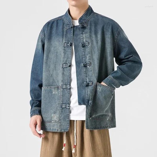 Vestes pour hommes automne chinois Tang style lavé denim veste col montant décontracté coton