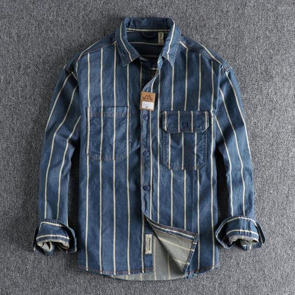 Vestes pour hommes automne personnalisé tissé rayé lavé utilisé chemise en denim style de travail américain rétro tendance jeunesse