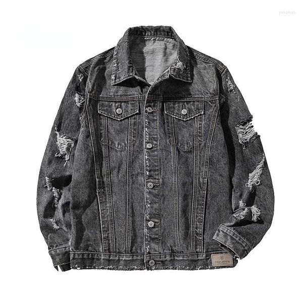 Vestes pour hommes automne col plié gris bleu Hip Hop pilote tatouage fendu Denim veste hommes moto vêtements de rue