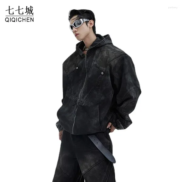 Vestes pour hommes à capuche de denim Automne homme vintage épaule en détresse vintante manteau oversize masculin hip hop us résistants Baggy large jambe de jambe