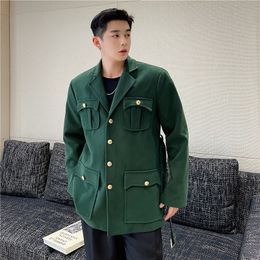 Chaquetas de hombre Otoño estilo coreano único con diseño de cinturón chaquetas de lana hombres casual chaqueta verde suelta MXL 230223