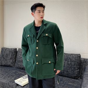 Herenjacks herfst Koreaanse stijl uniek met riemontwerp wollen jassen mannen casual los groen jasje mxl 230223