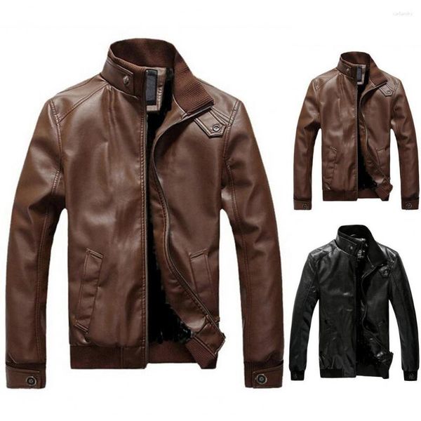 Chaquetas para hombres Otoño Hombres Chaqueta de motocicleta Color sólido Cuello de soporte Slim Fit Cuero de imitación Abrigo a prueba de viento para uso diario Chaqueta negra