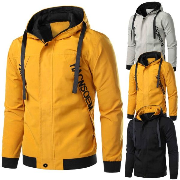 Vestes pour hommes Automne Hommes Veste légère Zipper Up Casual Mode Sports Manteau Hommes Slim Fit Automne avec capuche Coupe-vent jaune