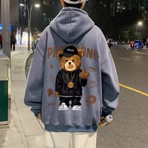 Herenjacks Herfst Middle Finger Bear Print Casual capuchon sweatshirt voor mannen Japanse hoodies pullover Harajuku Fashion Y2K Streetwear 230321