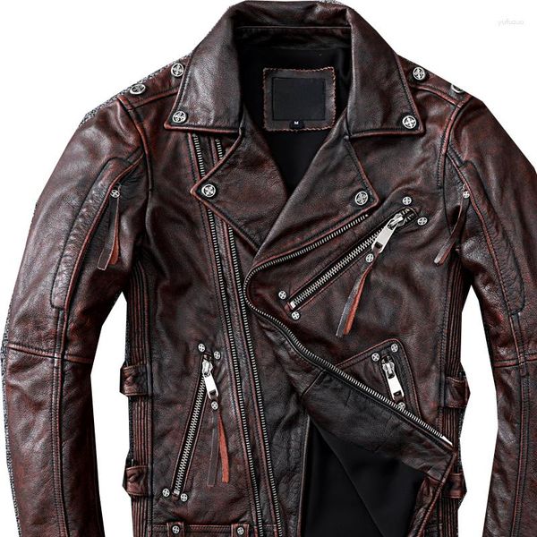 Vestes pour hommes Automne Veste en cuir de moto Style rétro naturel Slim Fit Zip Brown Coat